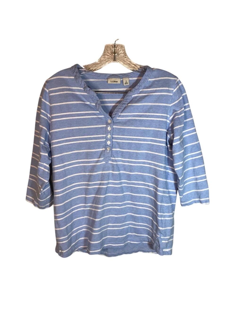 L.L.Bean Women’s Striped Henley Top Small Blue White 3/4 Sleeve 100% Cotton